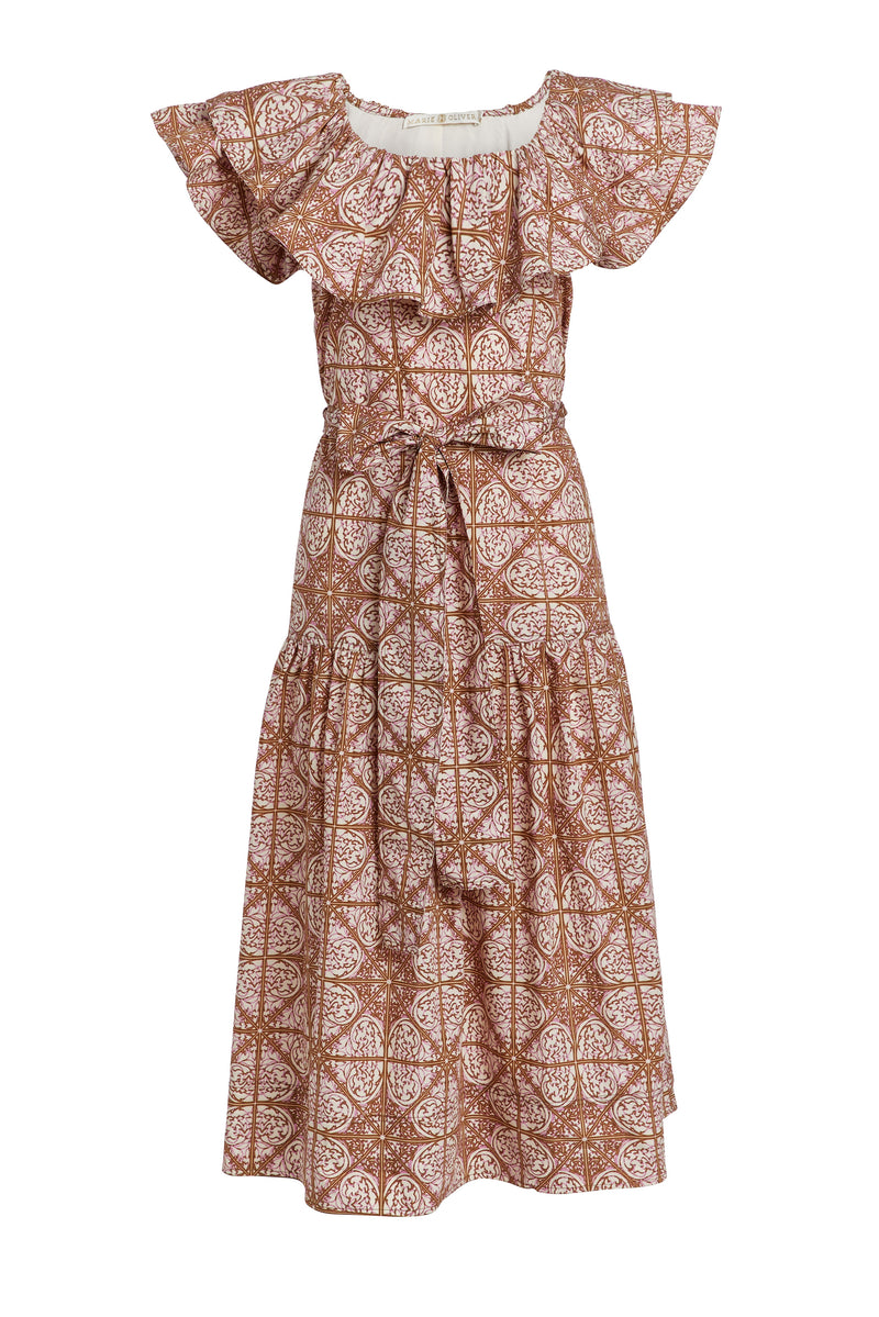 Long dress with ruffled circular neckline 