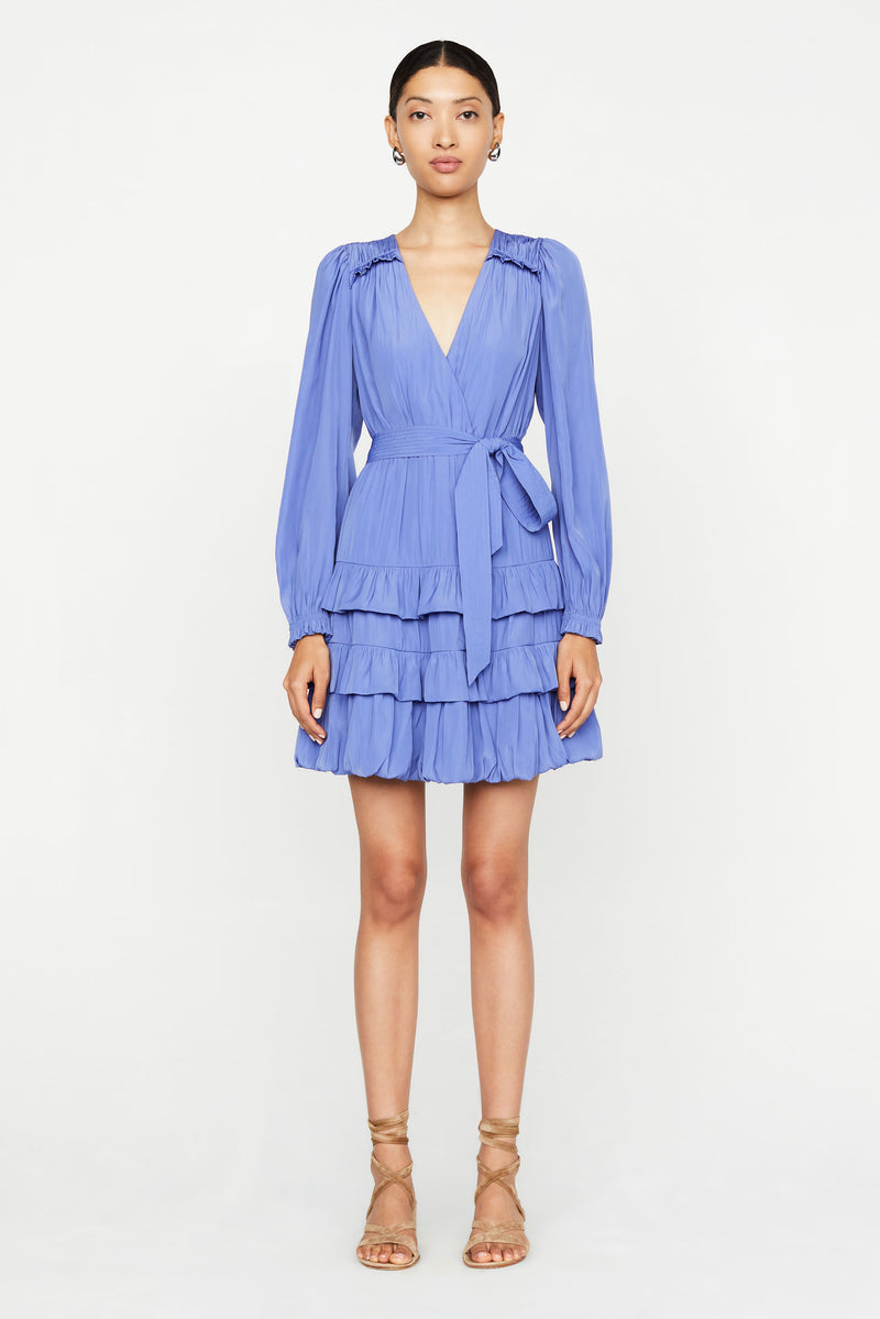 Solid blue above the knee dress with v neckline and optional tie belt 