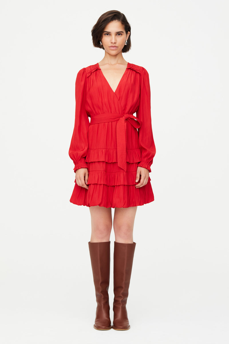 Solid red above the knee dress with v neckline and optional tie belt 