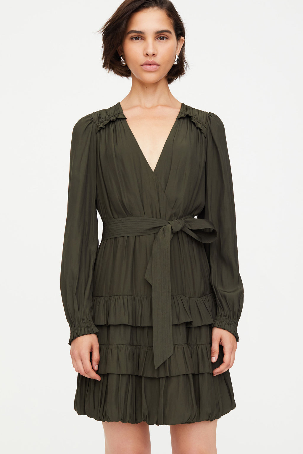Bubble hem above the knee dress with long sleeves and ruffled details 