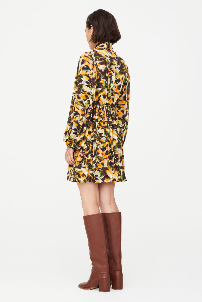 Elastic cuff waist turtleneck long sleeve short length dress 