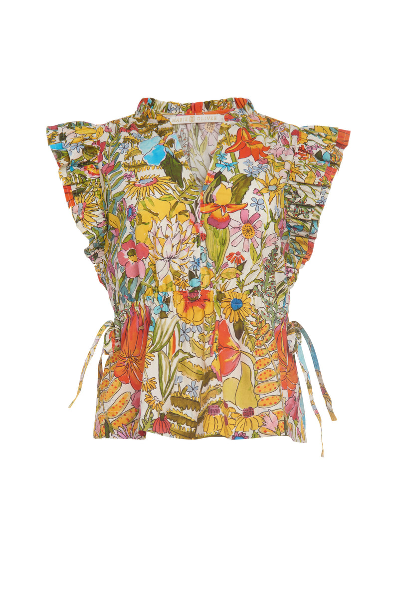 Short ruffle sleeve top in a large multicolor floral print
