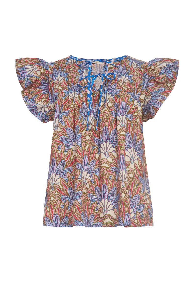 Top with straight silhouette and v-neckline with adjustable double ties