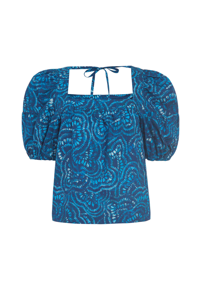 Dark blue geometric printed short sleeve top with square neckline