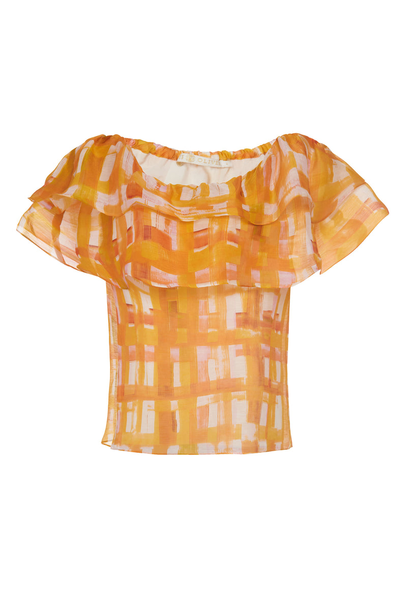 Yellow and white checkered print off the shoulder top with a straight silhouette