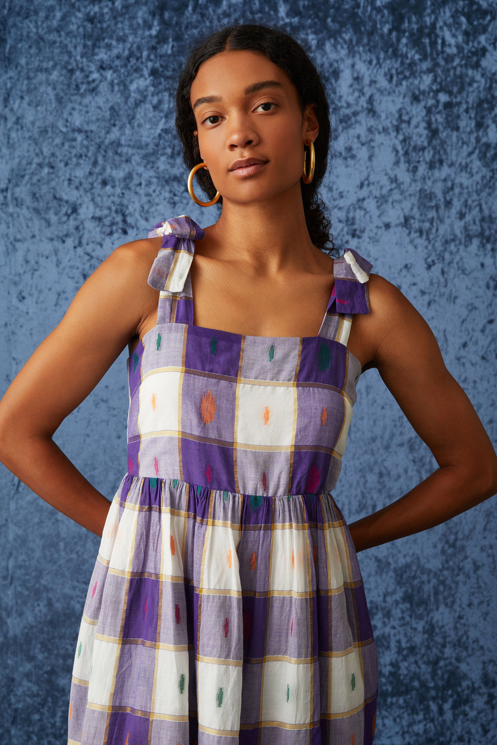 Maxi dress with thick straps that tie at the top of the shoulder