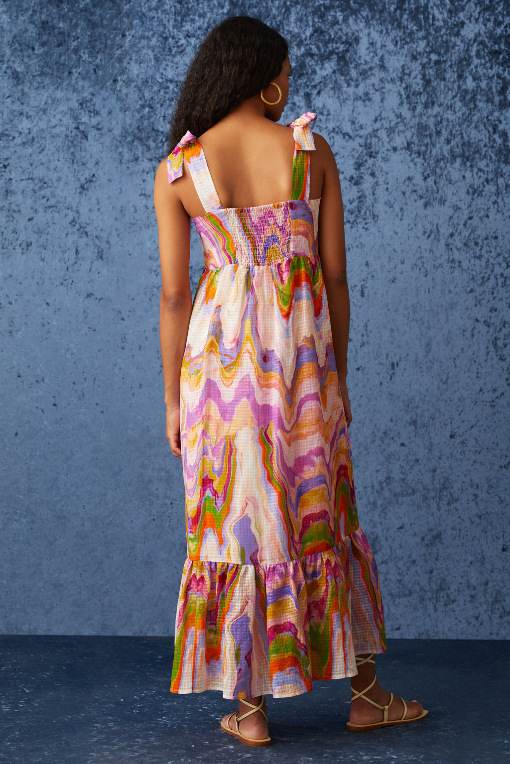 Maxi dress with thick straps that tie at the top of the shoulder