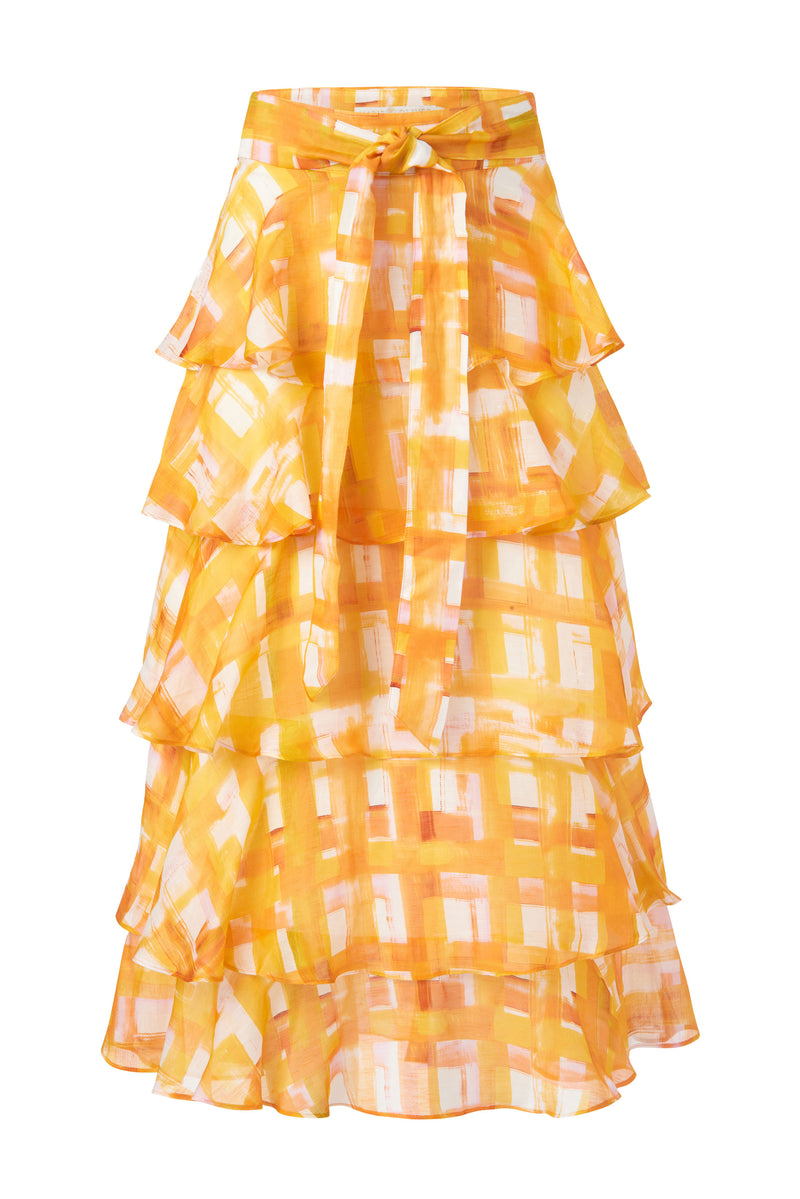 Long tiered maxi skirt in a yellow and orange plaid print 