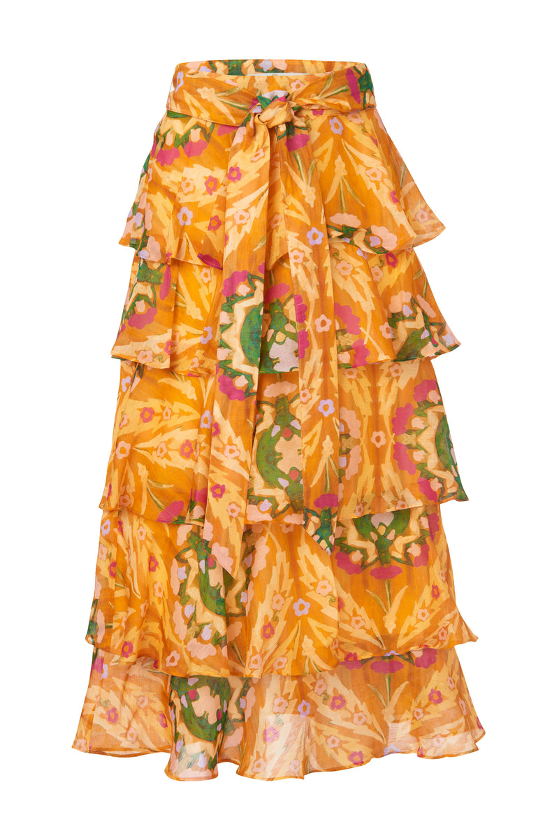 Maxi skirt with ruffled tiers in an orange geometric print