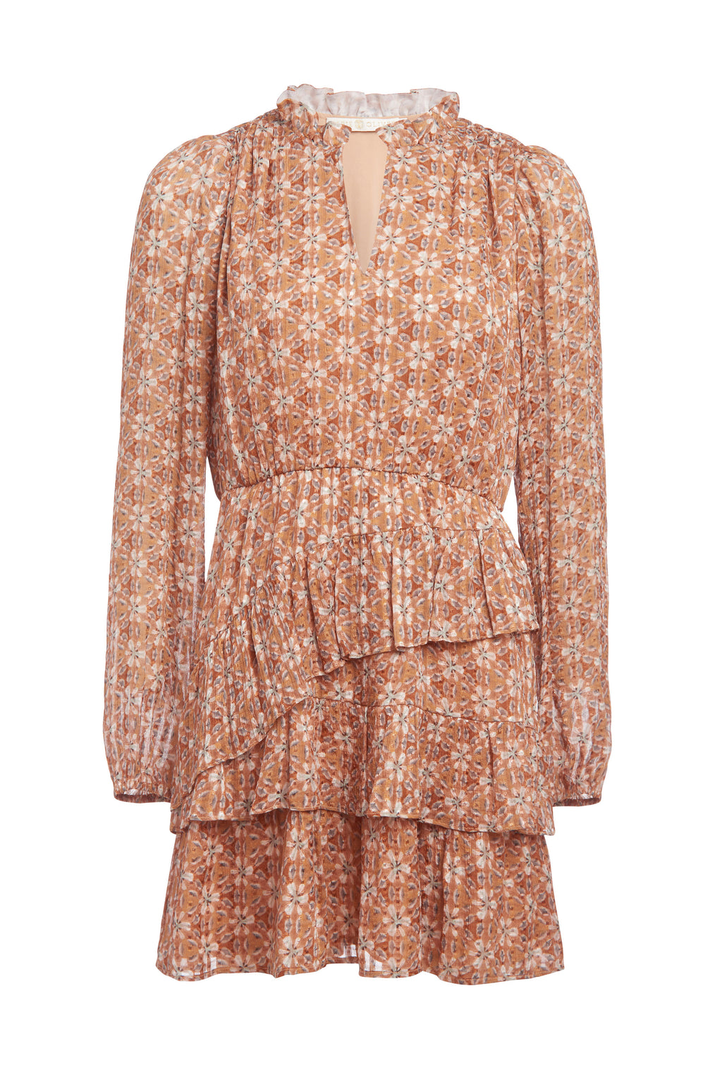 Long sleeve, short dress with v-neck, ruffled collar, and a-symmetrical tiered skirt