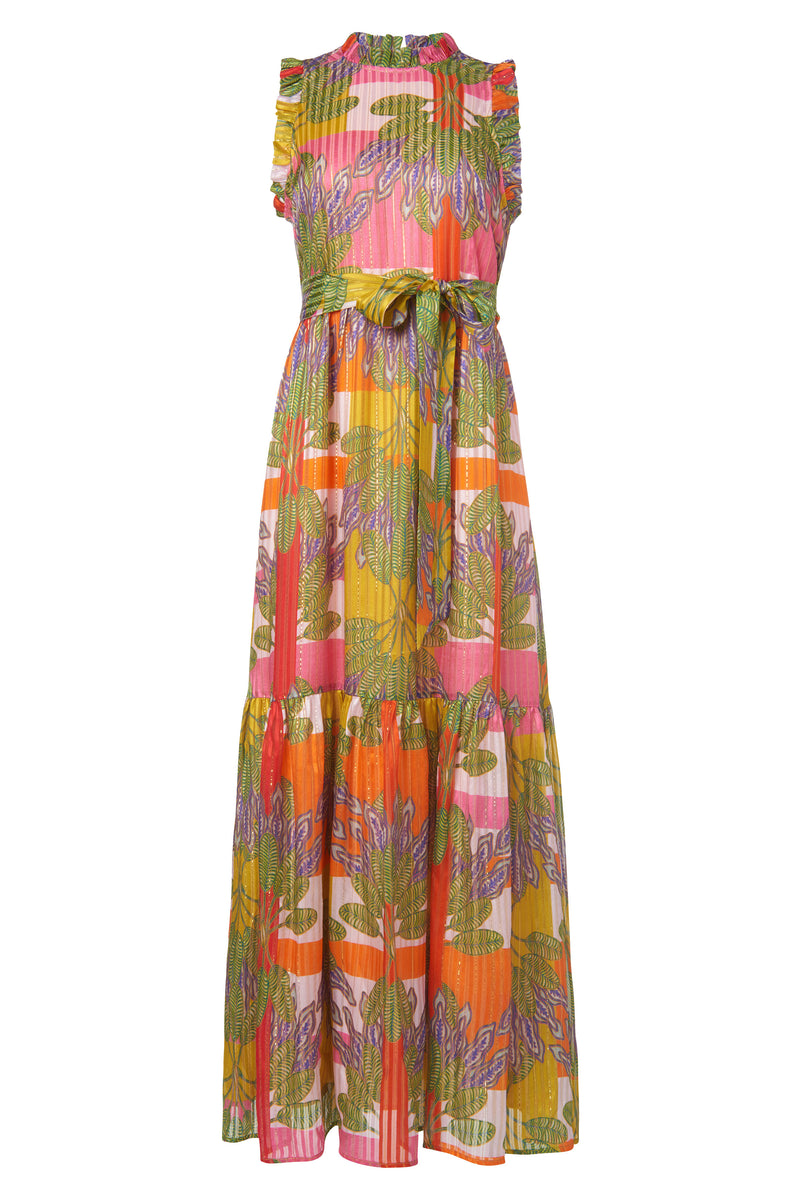 Maxi dress in a multicolor plaid with palm leaves