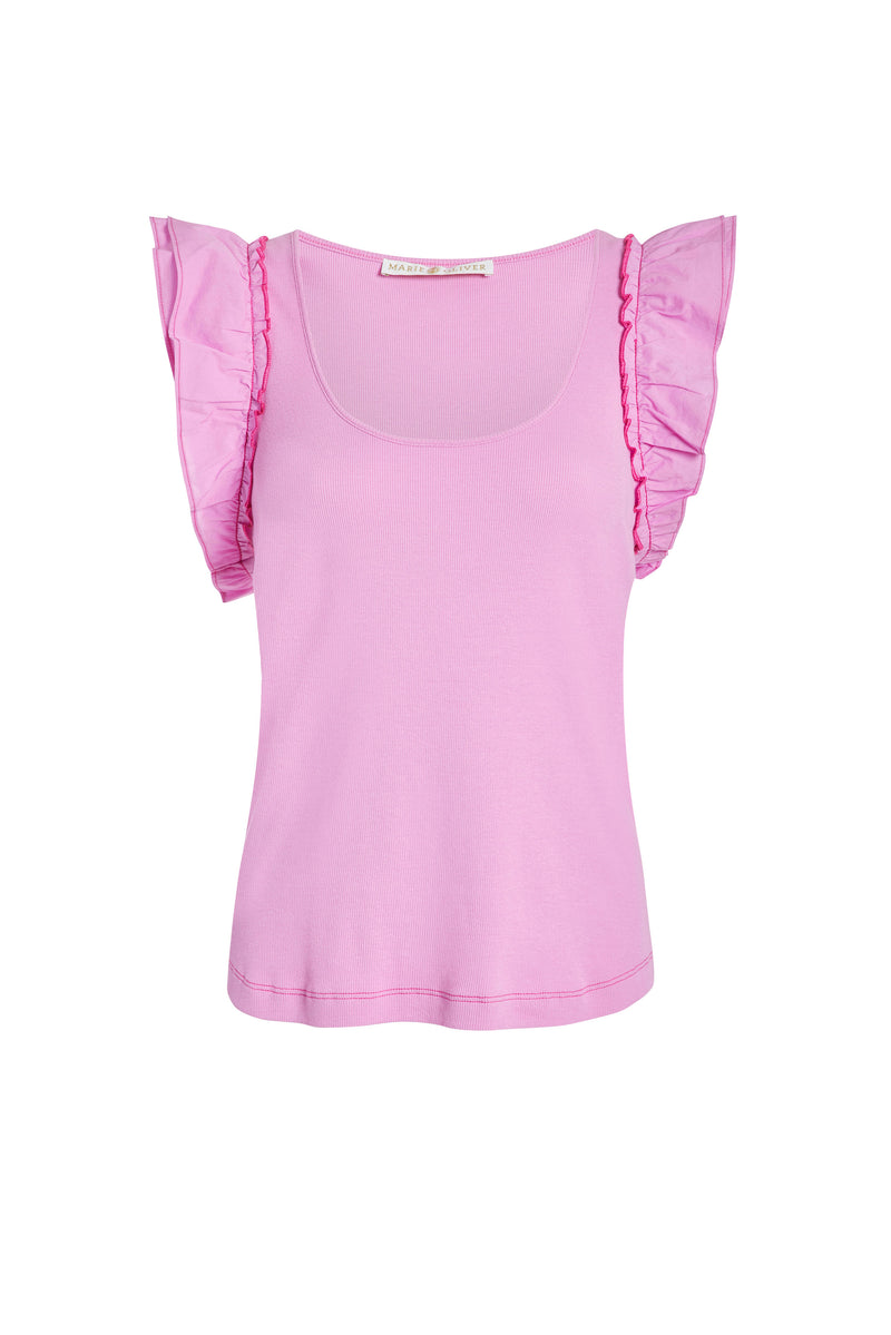 Simple scoop neck top with short ruffled sleeves