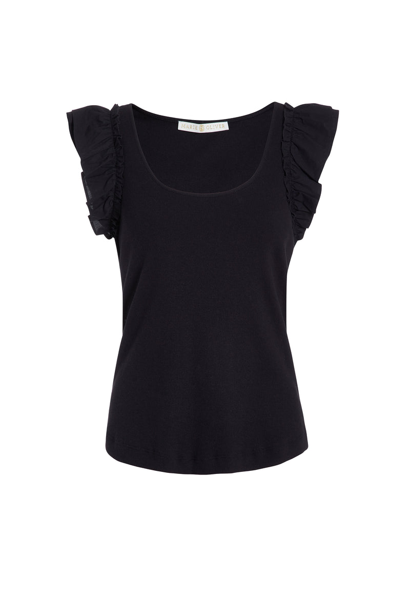 Simple black scoop neck top with ruffle sleeves