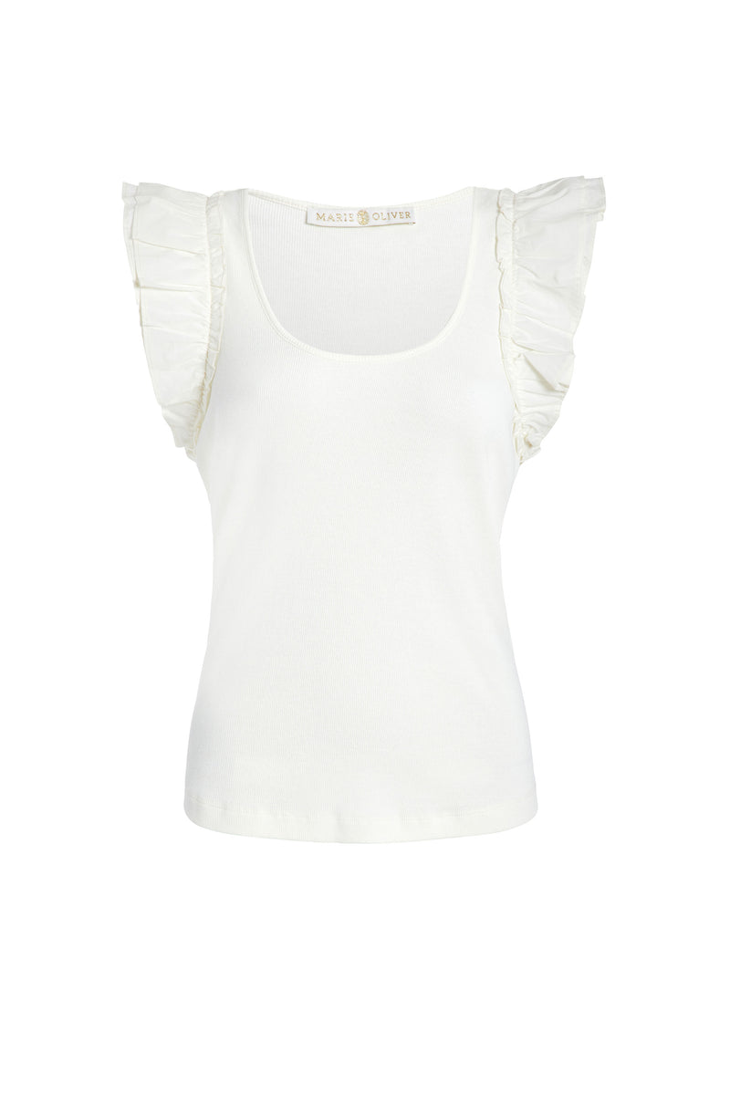 Simple white scoop neck top with ruffled sleeves