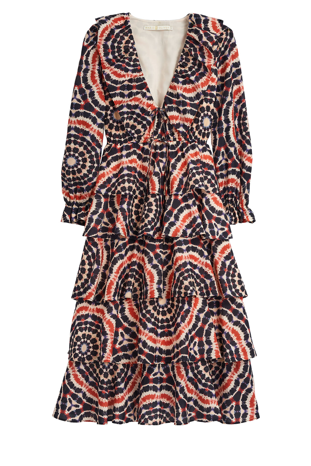 long flowy dress wiith long sleeves and v neckline in a circular abstract print in a red and blue color 