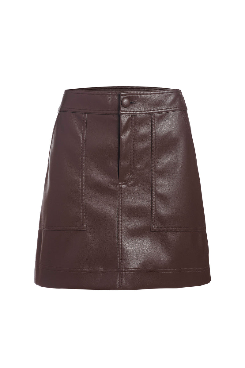 Dark brown solid mini skirt that sits at the natural waist 