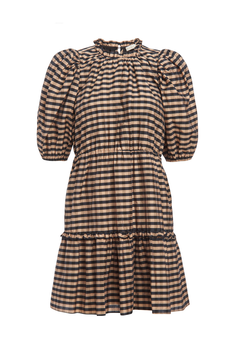 Short dress in a brown and tan gingham with short puff sleeves 