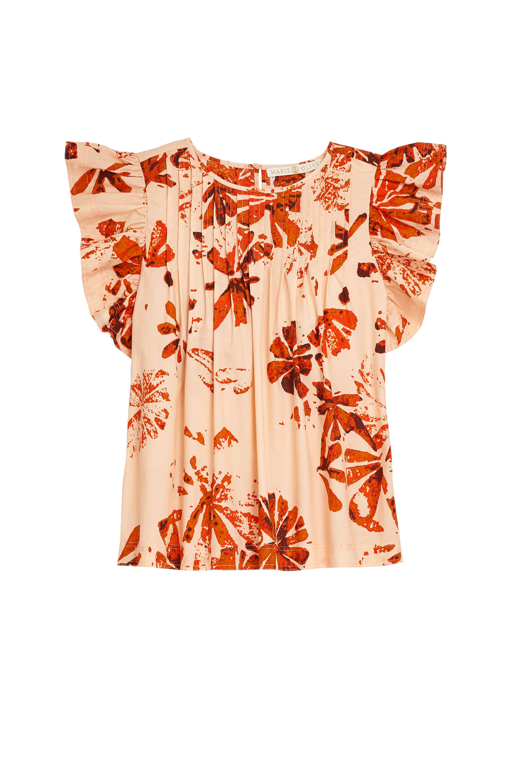 short sleeve top with flutter detailing at the sleeve and clay floral print throughout 
