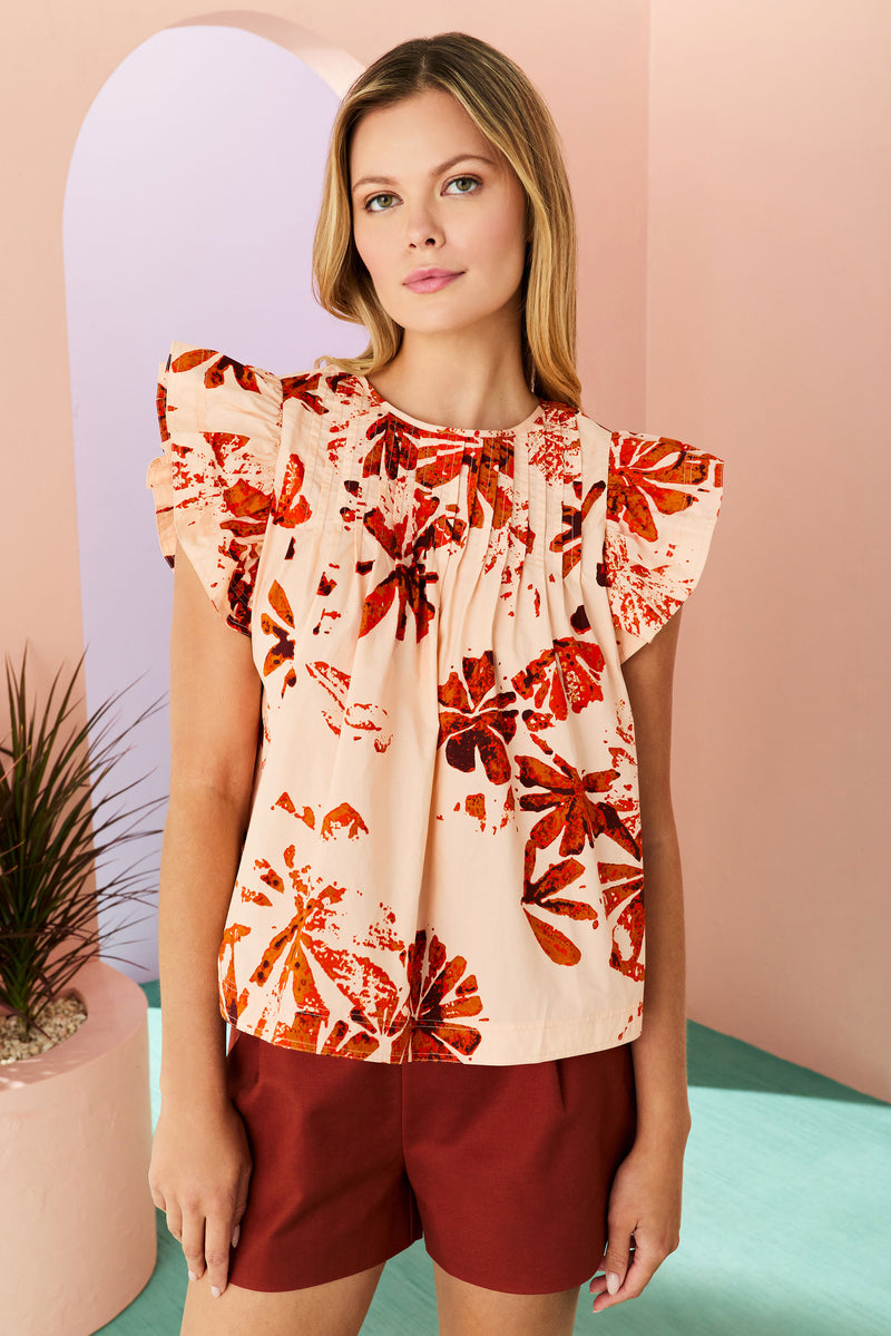 short ruffle sleeve clay abstract blouse with top-stitching detailing at the front of the blouse 