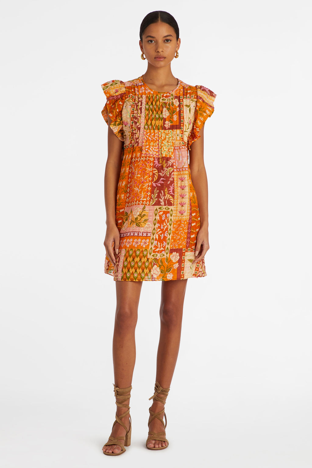 Short sleeve mini dress in an orange floral patchwork print 