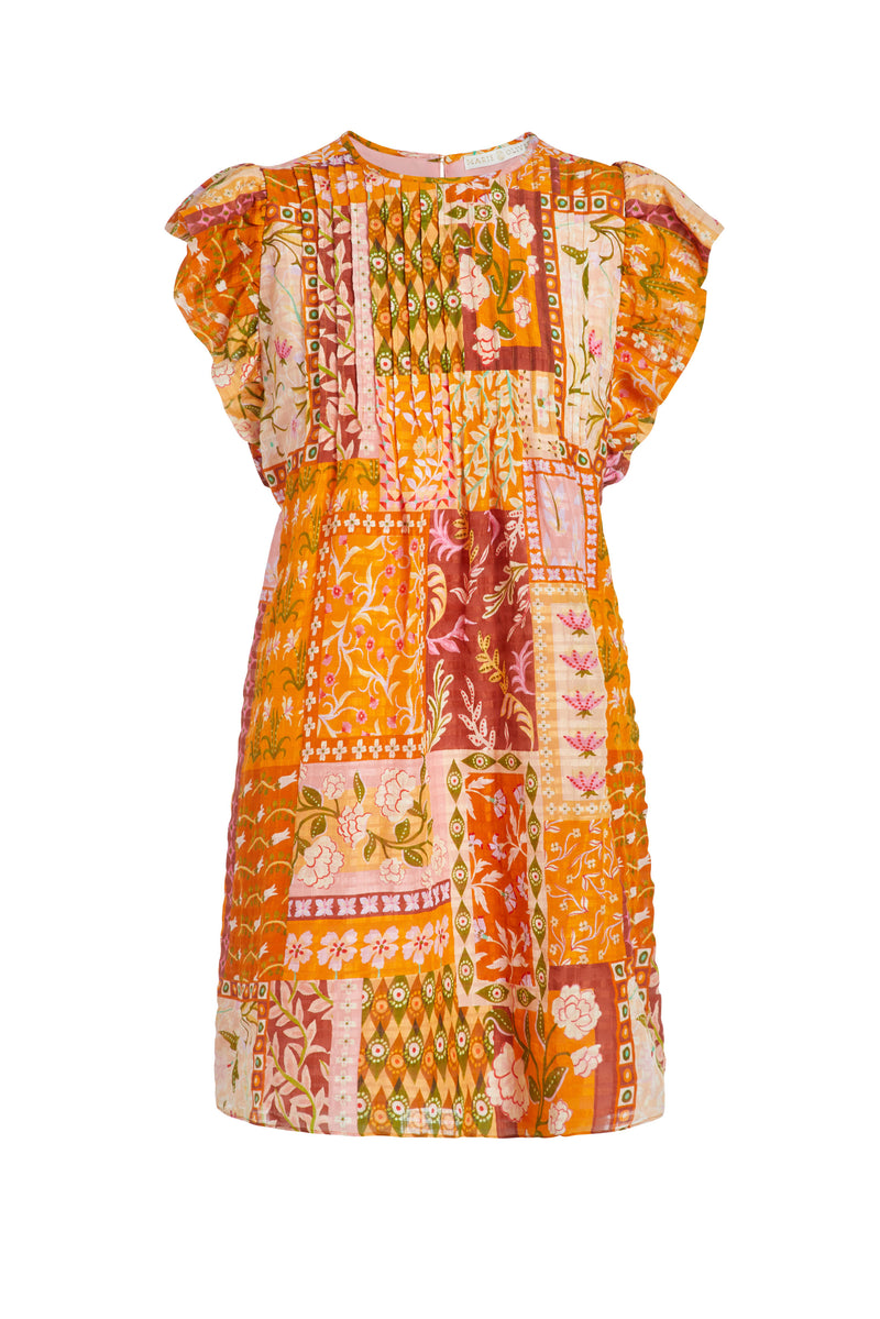 Short dress with large flutter sleeves in an orange patchwork print