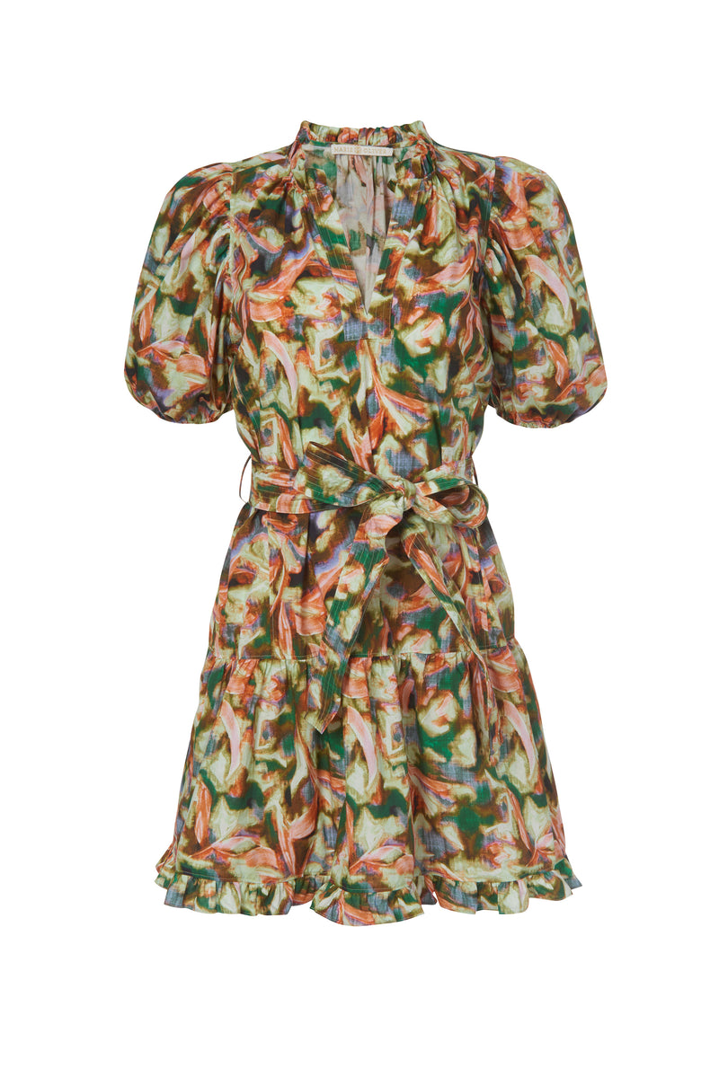 Short dress with ruffles around the collar and hem of skirt in a multicolor leaf print