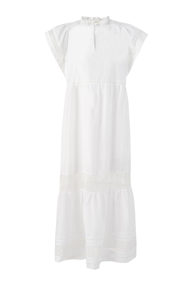 Midi dress in a white solid color with lace and embroidery detailing on the skirt and ruffle detailing around the collar 