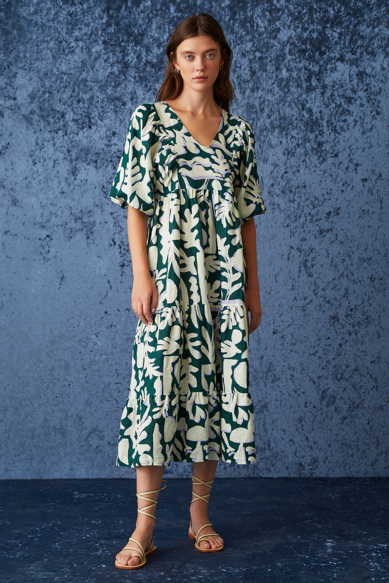 Dark green midi dress with light green retro floral print with short bubble sleeves