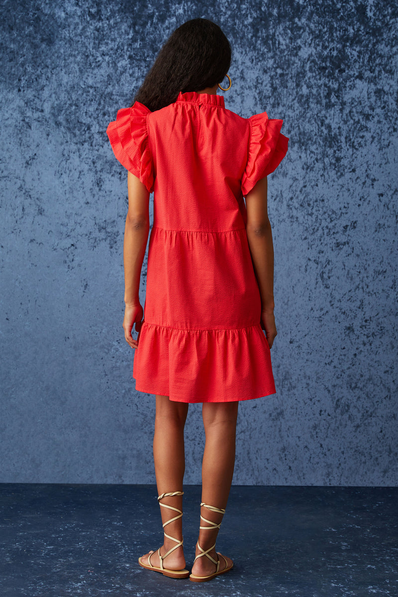 Short dress in a  bright red solid color with short sleeves