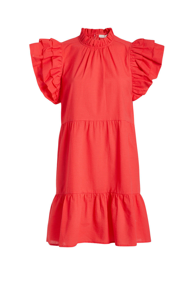 bright red short dress with ruffled sleeves 
