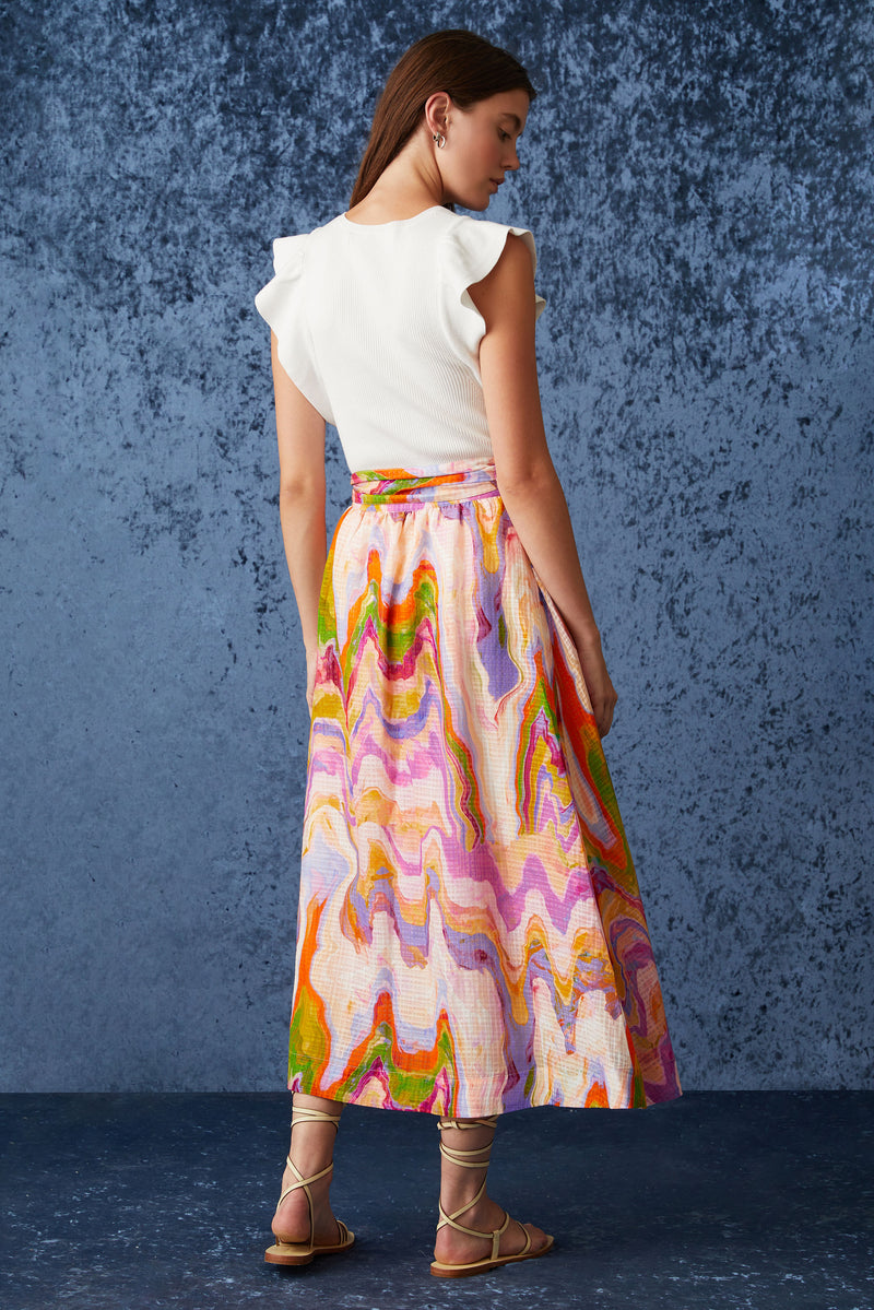 Midi wrap skirt with tie belt detailing in a multicolor pastel marble