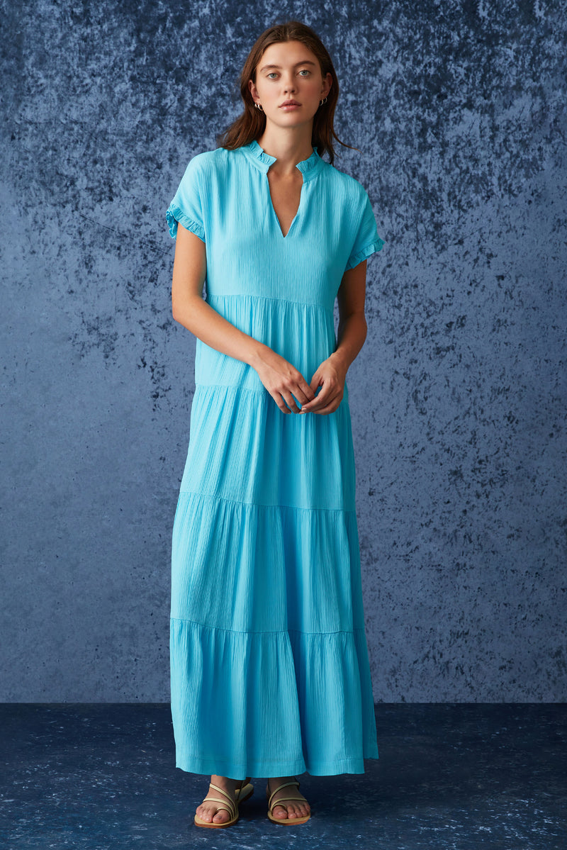 Short sleeve tiered maxi dress in blue solid color