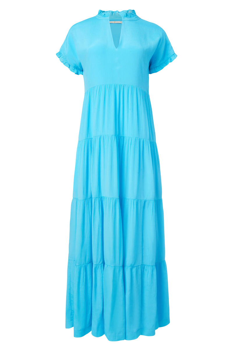 Solid blue maxi dress with delicate ruffled short sleeves