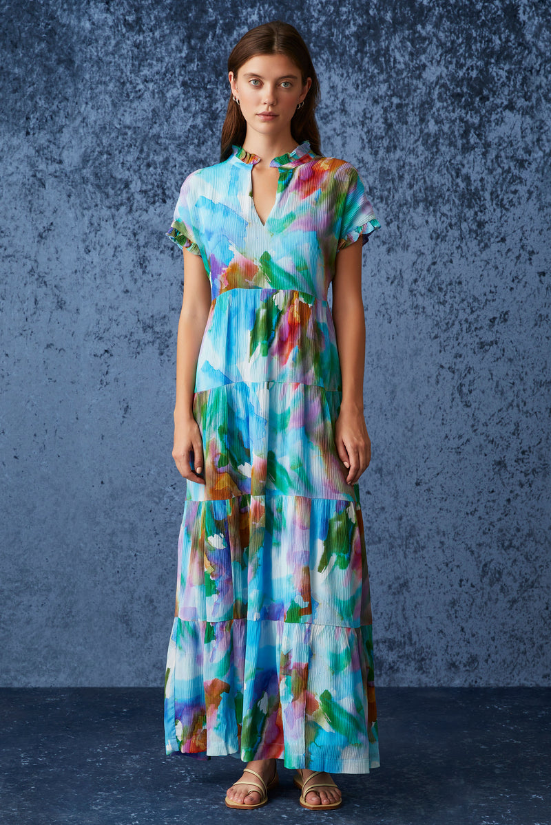 Short sleeve tiered maxi dress in blue watercolor print