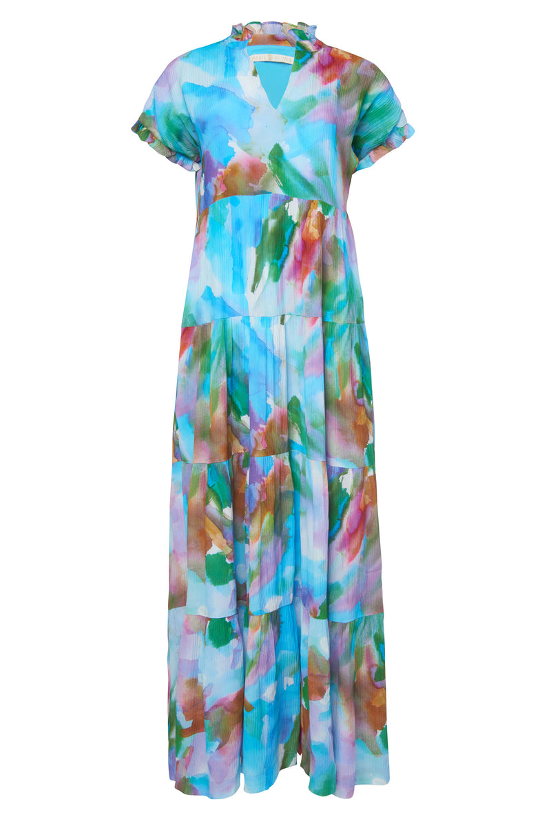 Blue watercolor four tiered maxi dress with an adjustable clasp neckline and short sleeves with delicate ruffles at the sleeves