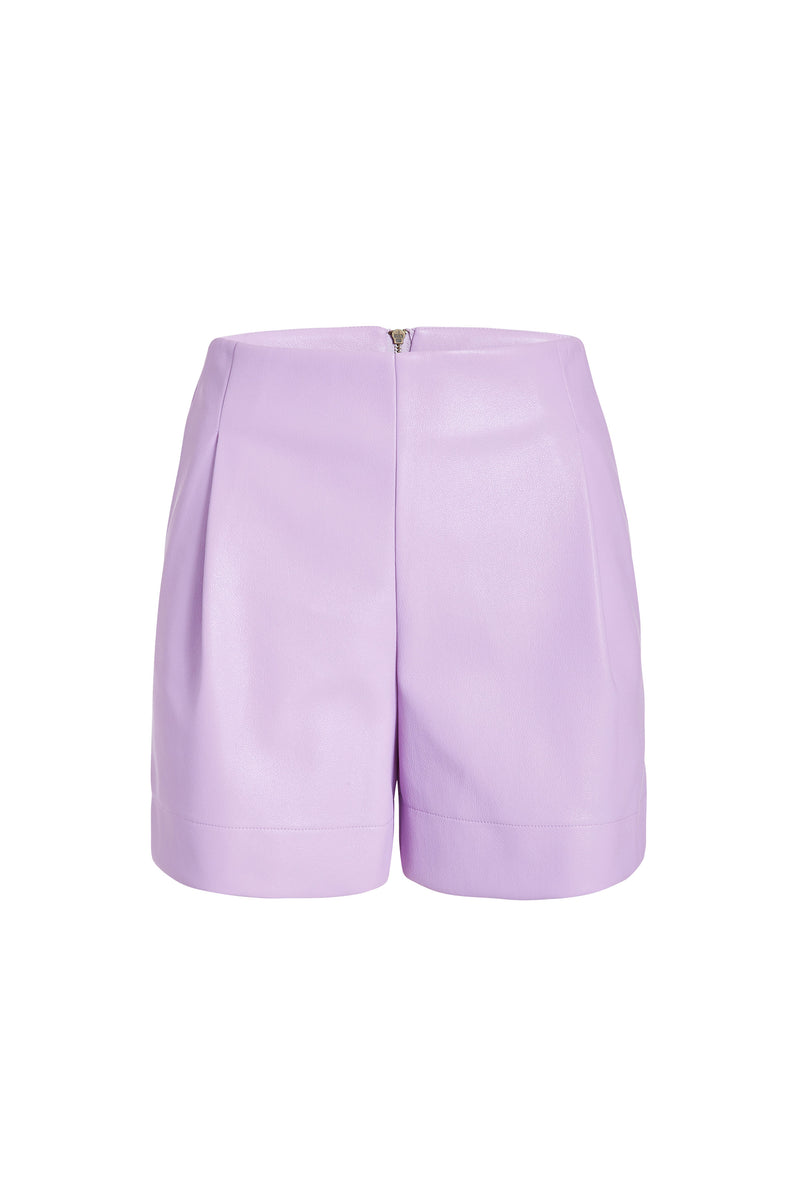 High waisted shorts with a 3.5" inseam in a pastel purple solid color
