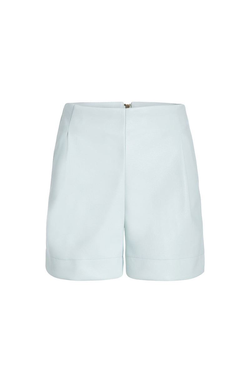 High waisted shorts with a 3.5" inseam in a solid pastel cyan color 