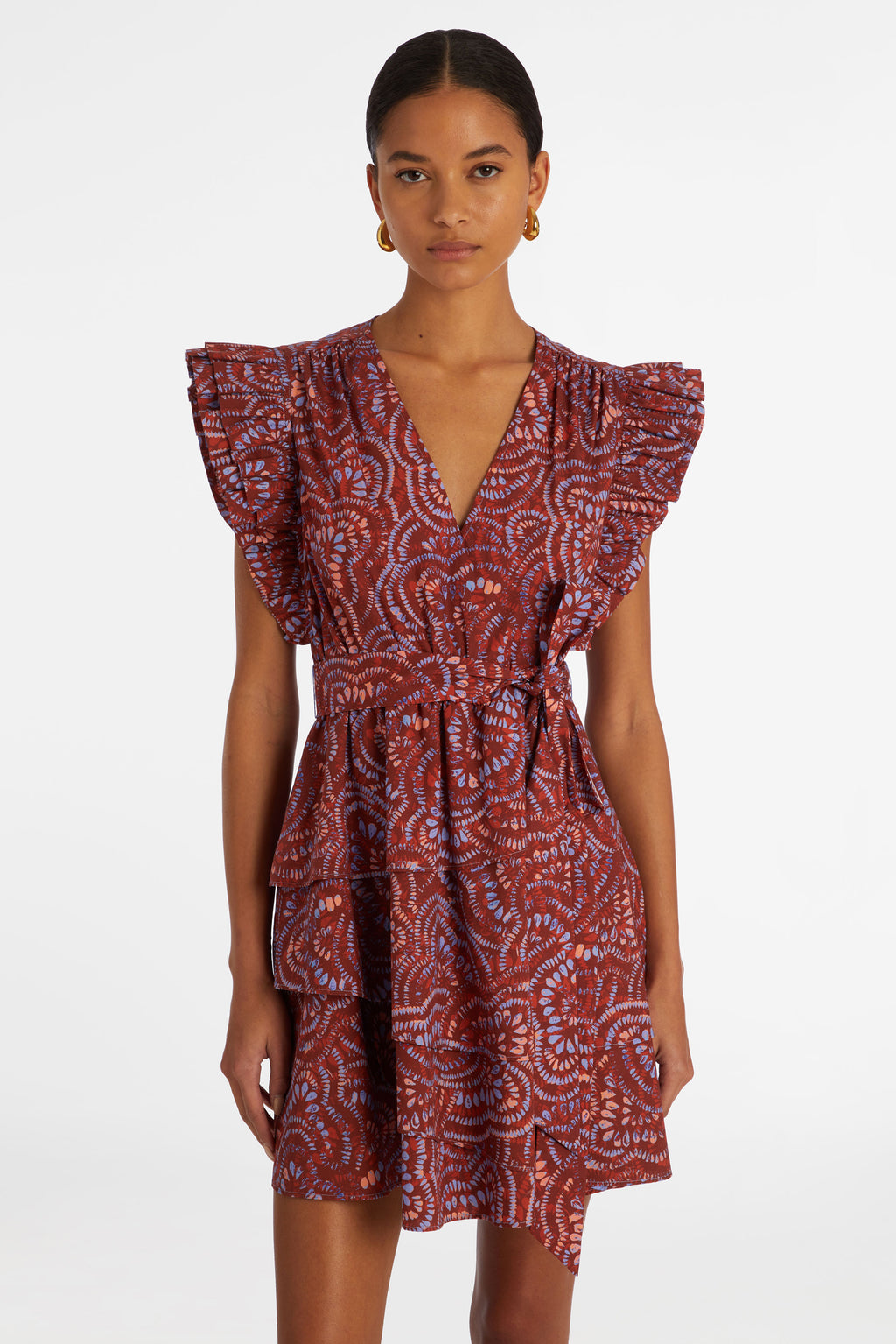 Dark pink geometric short dress with large ruffled sleeves