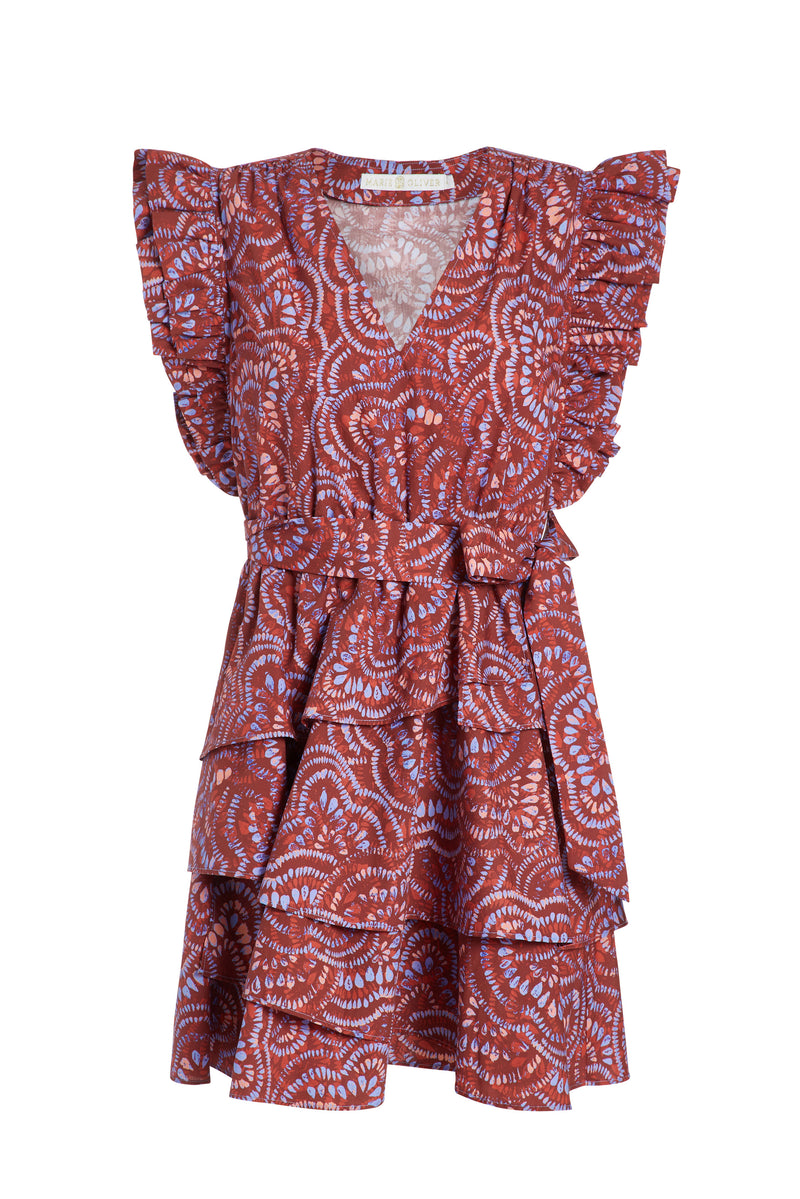 Dark pink geometric printed dress with short ruffled sleeves and ruffled, tiered skirt