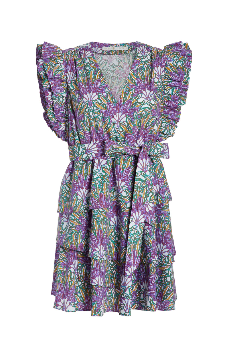 Purple short floral dress with large ruffled sleeves