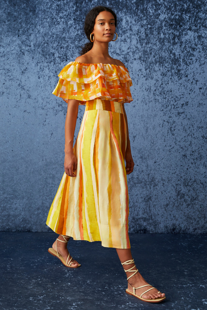 Yellow and orange vertical striped maxi skirt