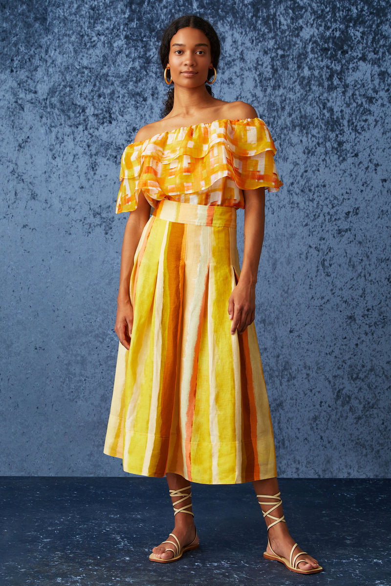 Yellow and orange striped straight skirt with a side zipper