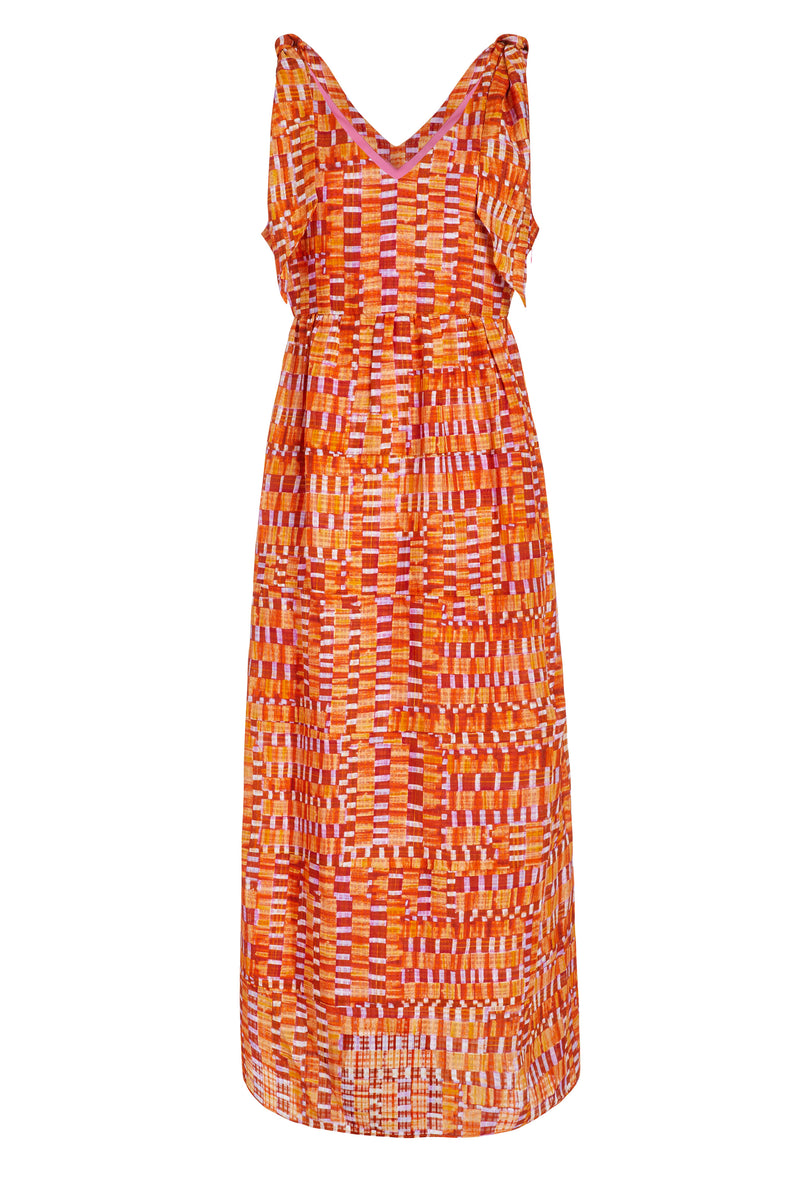 Maxi dress in an orange and red checkered print with a v-neckline in the front and back of the dress