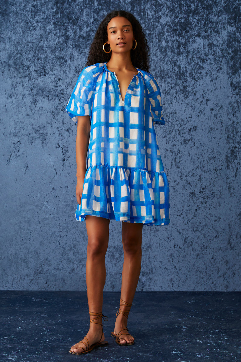 Blue and white checkered printed short dress with short puff sleeves