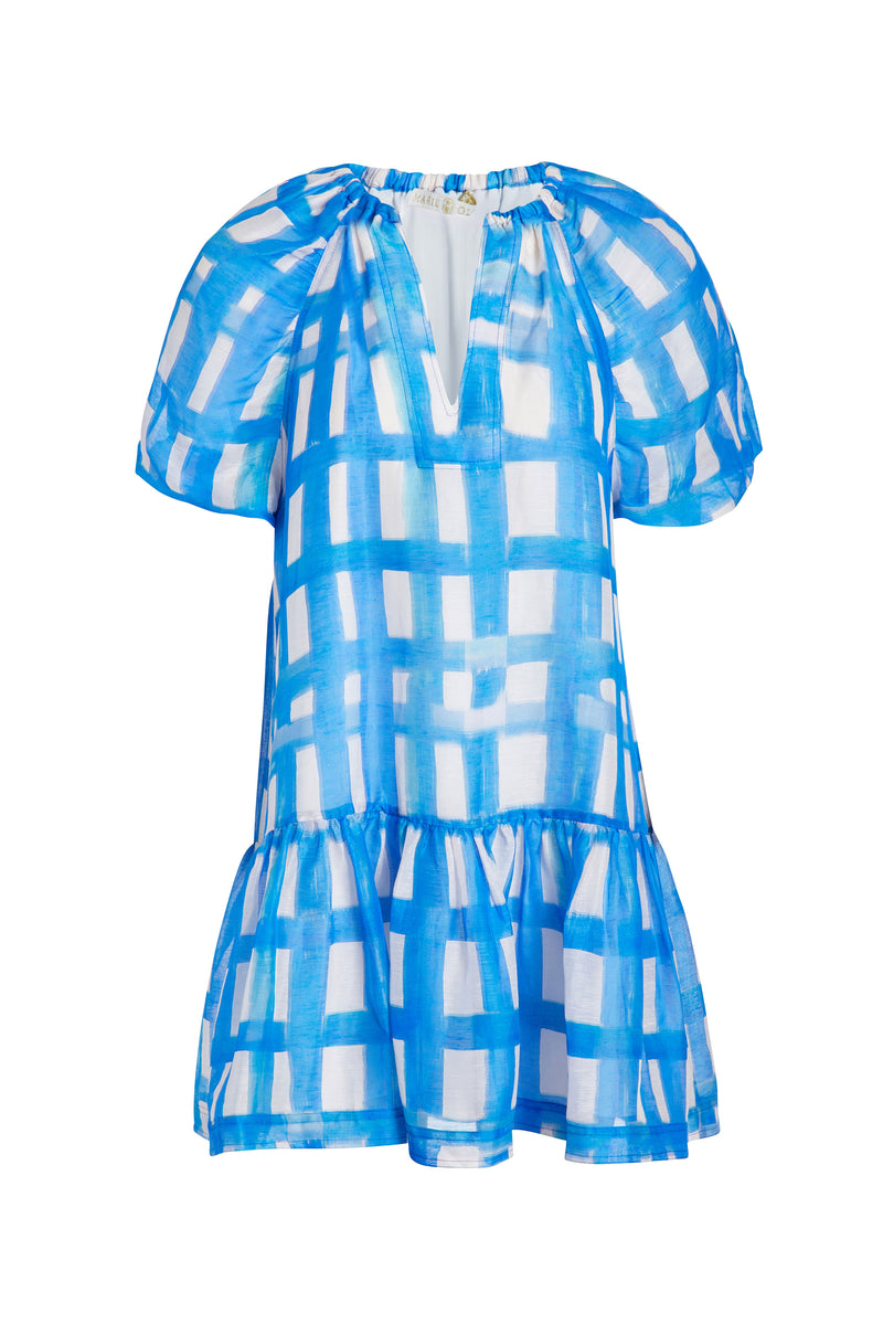 Mini dress with adjustable v-neckline with hook and eye closure with slip on silhouette