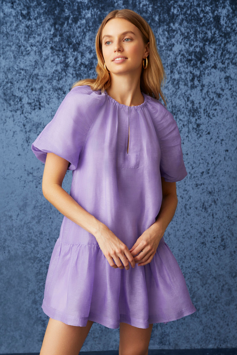 Light purple solid shirt dress with short puff sleeves