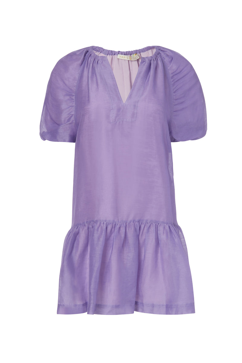 Mini dress with adjustable v-neckline with hook and eye closure with slip on silhouette
