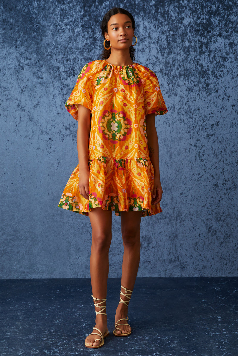 Orange circular geometric printed short dress with short puff sleeves