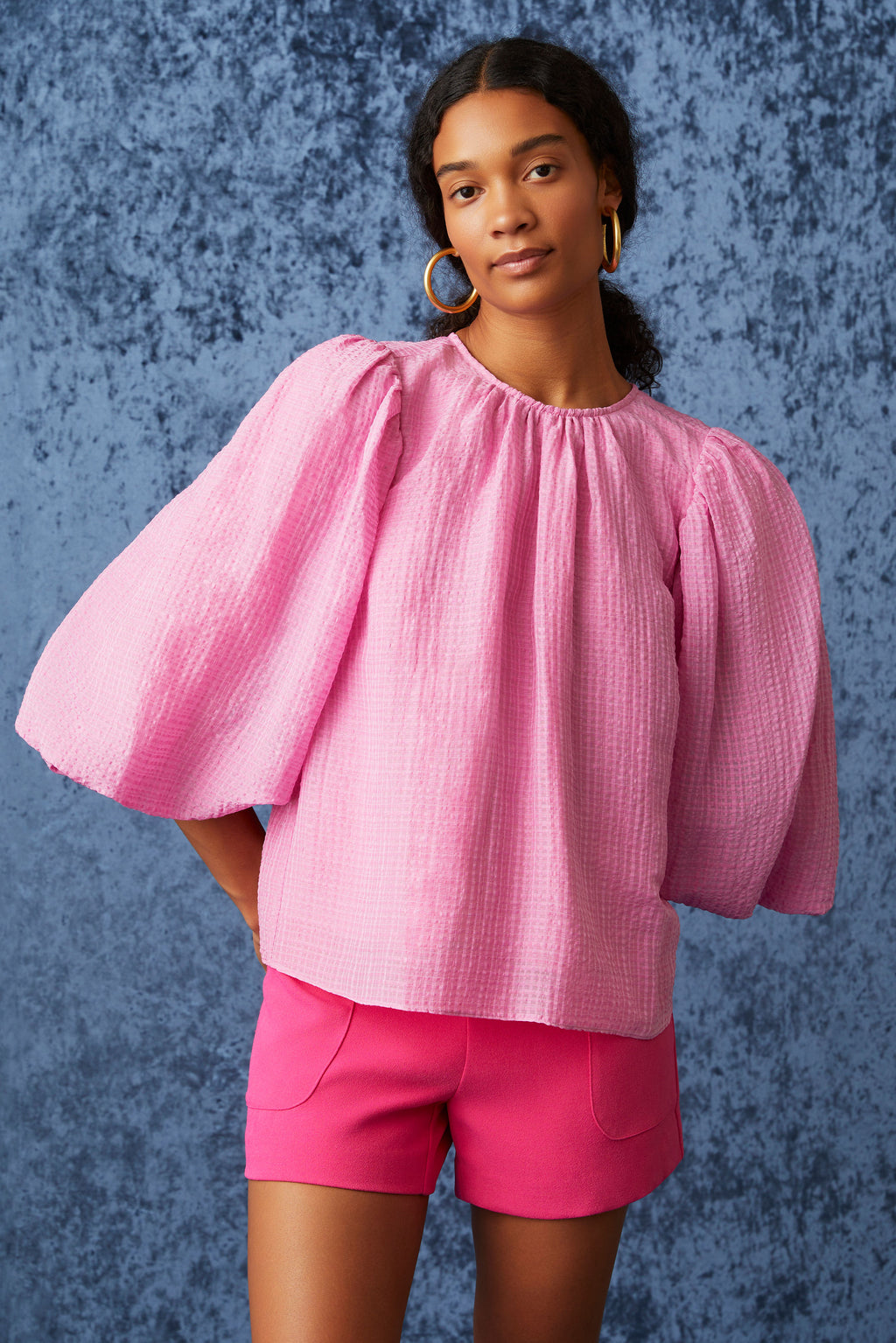 Full paper bag sleeve top in soft pink solid color