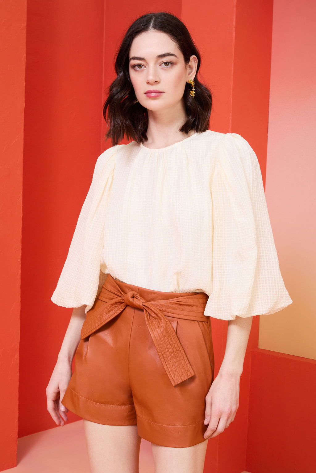 full paper bag sleeve top in soft off-white